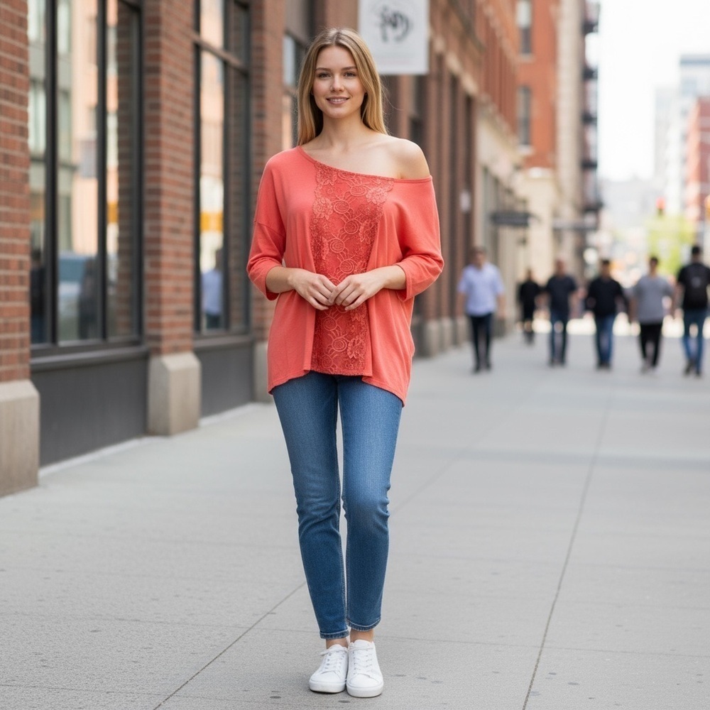 Free People Orange Lace Knit Oversized Top